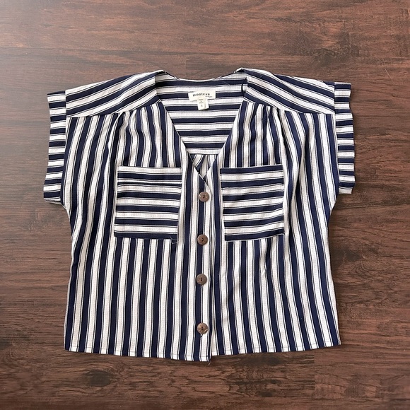 Monteau Tops - Striped Button Up Navy and White Striped Blouse Womens Small